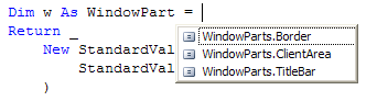 [Illustration] Bildschirmfoto des Texteditors von Visual Basic 2005 mit IntelliSense-Auswahlliste für den Datentyp 'WindowParts'